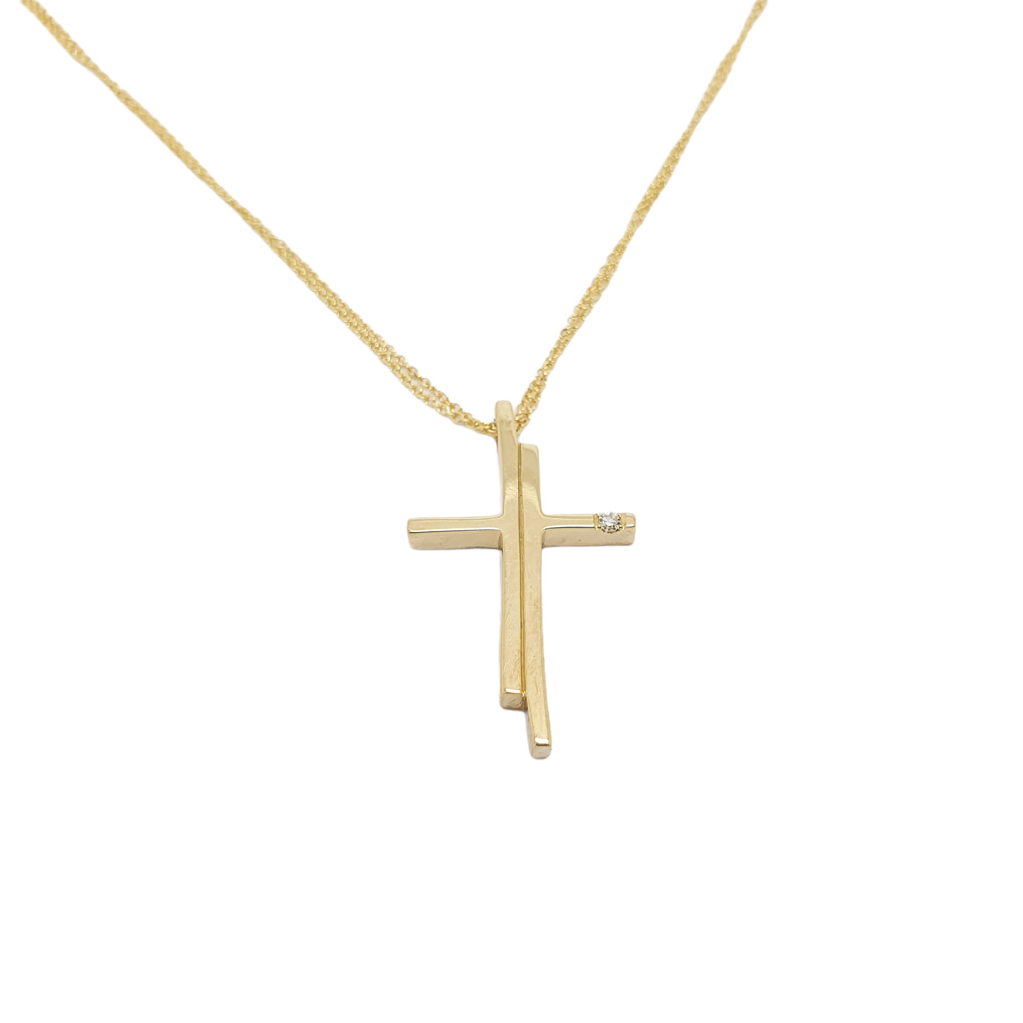 Χρυσός σταυρός ασύμμετρος (με αλυσίδα) κ14 με διαμάντι (code H1727)